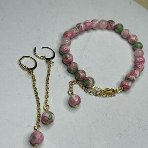 Pink Floral Beaded Bracelet + Dangle Earrings